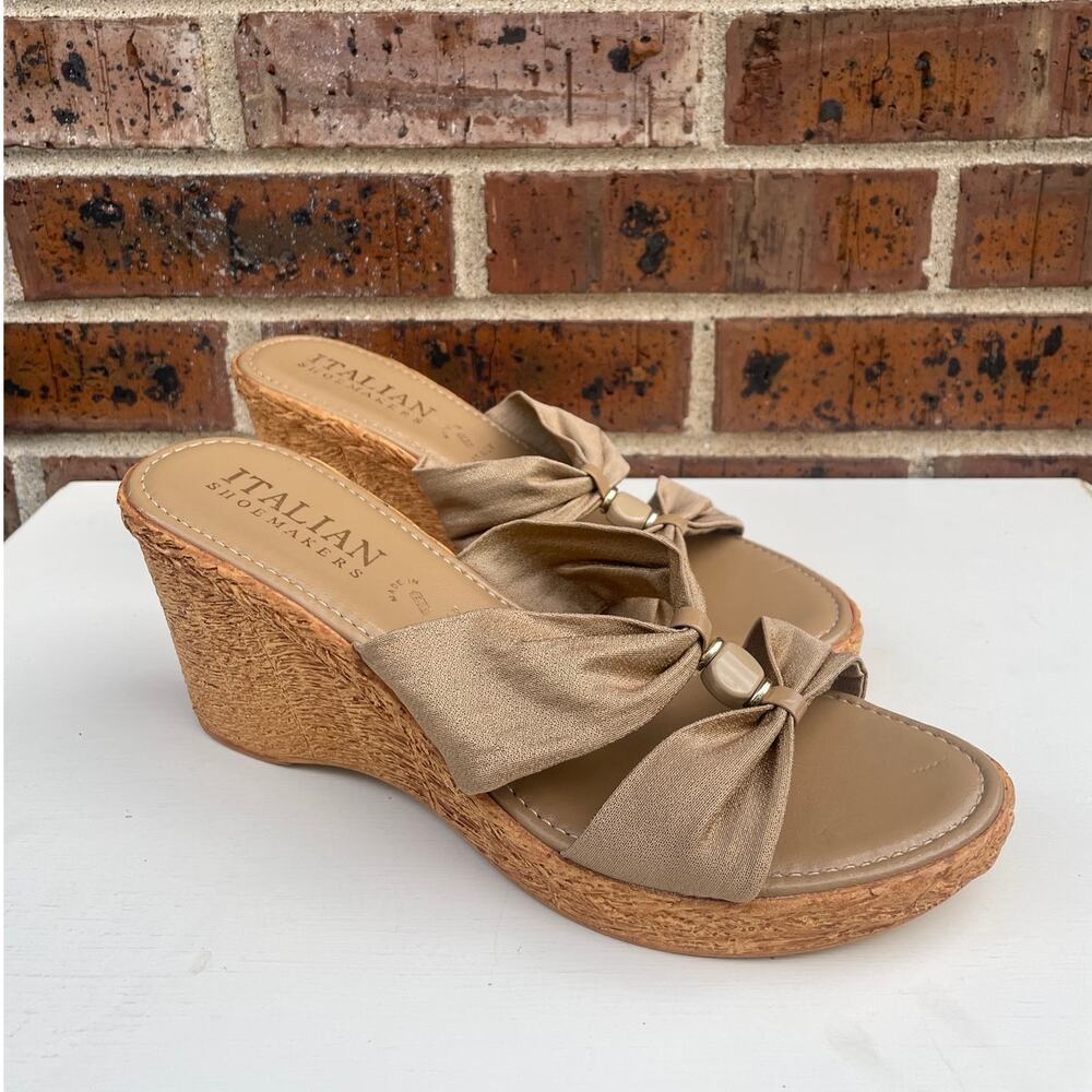 Italian Shoemakers Wedge Sandals Cork Stretch Straps Beige Knotted Slide 10M